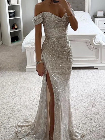 Wensilian Pailletten-Maxikleid mit schulterfreiem Schnitt: Eleganter Abend-Glamour 