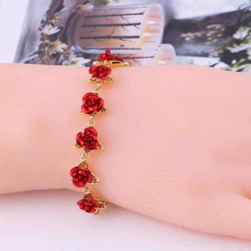 Lady Glams Romantic Adjustable Red Rose Link Chain Bracelet - Fashion Valentine Gift for Women