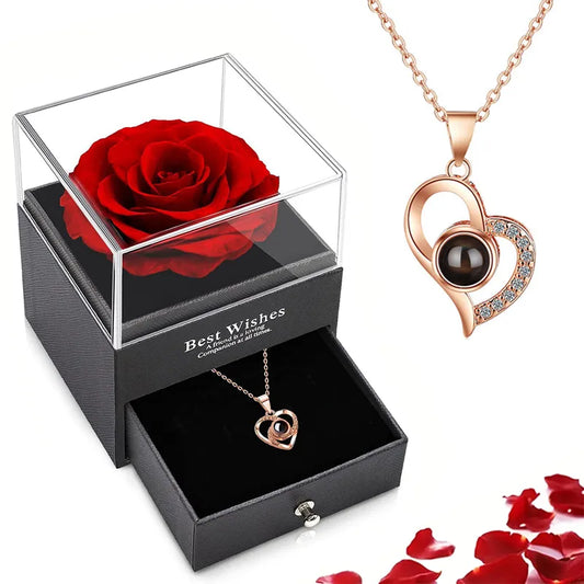 Konservierte echte Rose, Geschenkbox mit „Ich liebe dich“-Halskette, handgefertigte ewige Blumengeschenke zum Geburtstag, Jahrestag, Valentinstag 