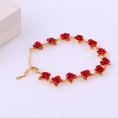 Lady Glams Romantic Adjustable Red Rose Link Chain Bracelet - Fashion Valentine Gift for Women