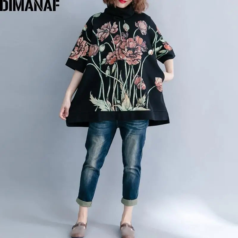 DIMANAF Plus Size Turtleneck Pullover with Floral Print for Women