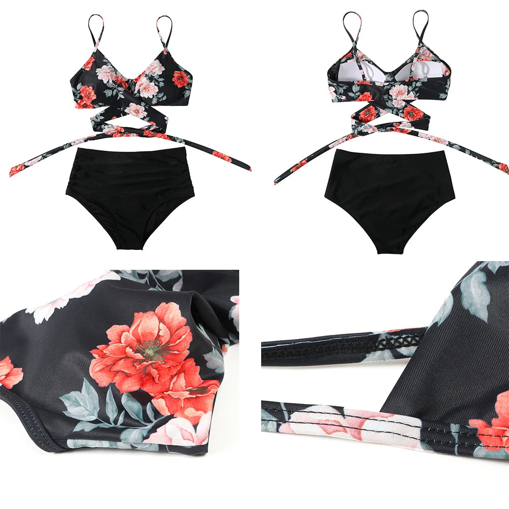 High Waist  Sexy Bikini Set 2024  Biquini Swimwear Women Two Pieces Swimsuit Floral Beachwear V-Neck Bathing Suits