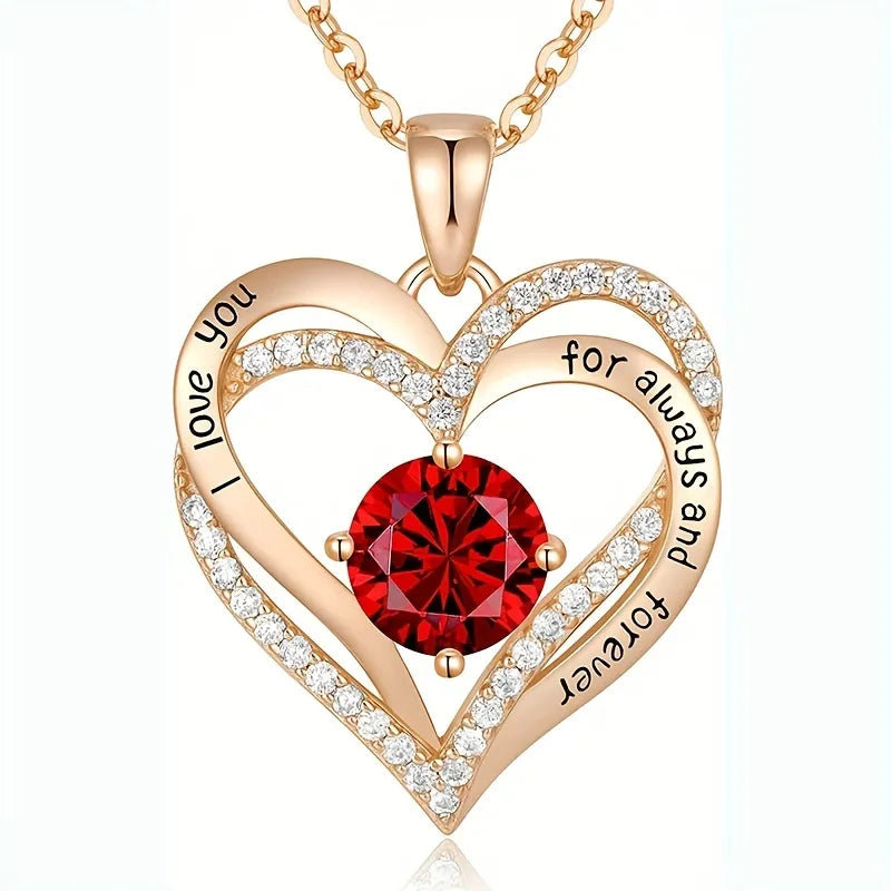 Lady Glams Luxury Red Zircon Heart Pendant Necklace with Rose Flower Gift Box