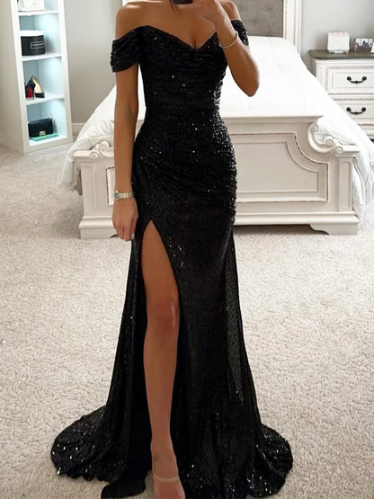 Wensilian Pailletten-Maxikleid mit schulterfreiem Schnitt: Eleganter Abend-Glamour 