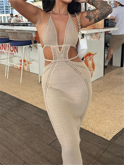 Women’s Halter Tie-up Knit Crochet Beach Dress: Sexy Backless Sleeveless Deep V Cutout Waist Wrapped Bodycon Dress for Spring/Summer