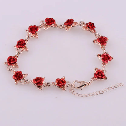 Lady Glams Romantic Adjustable Red Rose Link Chain Bracelet - Fashion Valentine Gift for Women