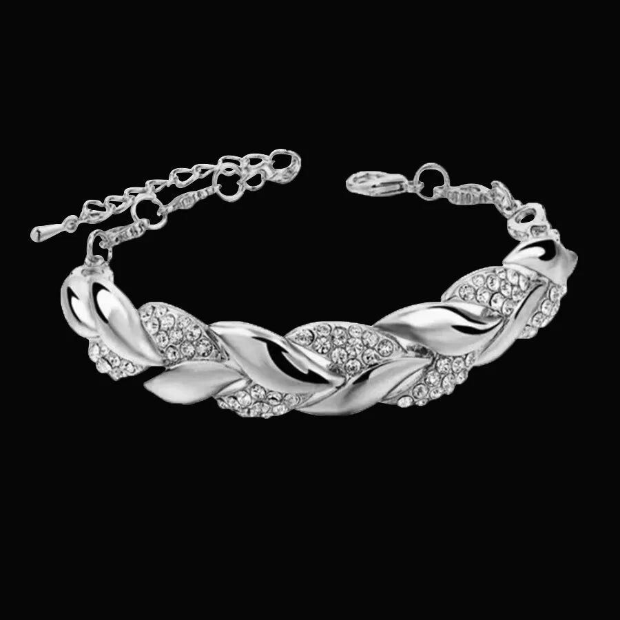 Lady Glams Luxury Love Braided Leaf Bracelet - Aesthetic Crystal Wedding Jewelry for Women