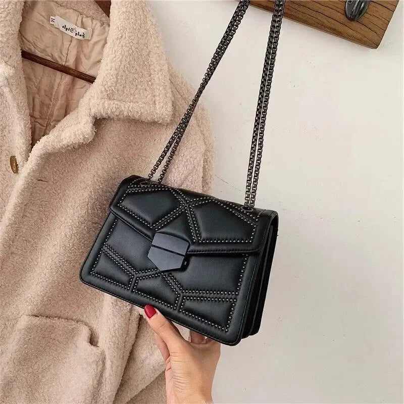 Lady Glams Vintage Rivet Chain Small Shoulder Bag - Women’s PU Leather Fashion Square Crossbody Designer Handbag