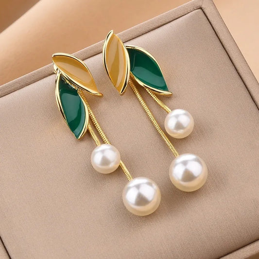 Lady Glams Elevate Your Style with the 2024 New Fashion Trend Pearl Leaf Tassel Earrings