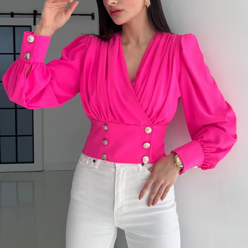 Lady Glams Casual Deep V Neck Solid Shirt Blouse - Effortless Elegance