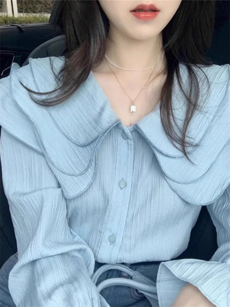 PLAZSON Fashion Lady Blouses - Elevate Your Style with Korean Blue Long-sleeved Tops