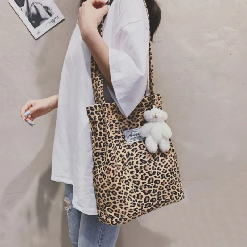 Lady Glams Big Casual Leopard Print Canvas Tote Bag