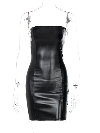 Sexy Faux Leather Tube Mini Dress for Women - Hugcitar Y2K Streetwear Party Club Outfit