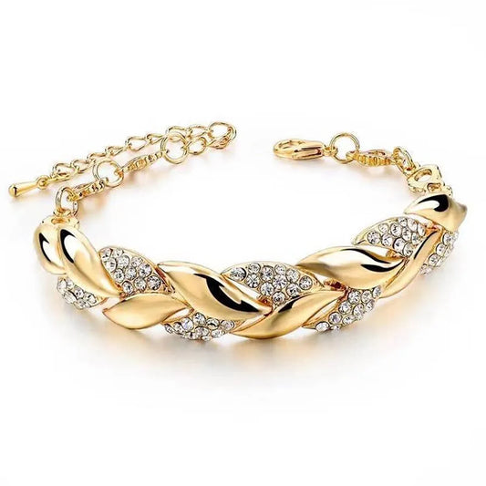 Lady Glams Luxury Love Braided Leaf Bracelet - Aesthetic Crystal Wedding Jewelry for Women