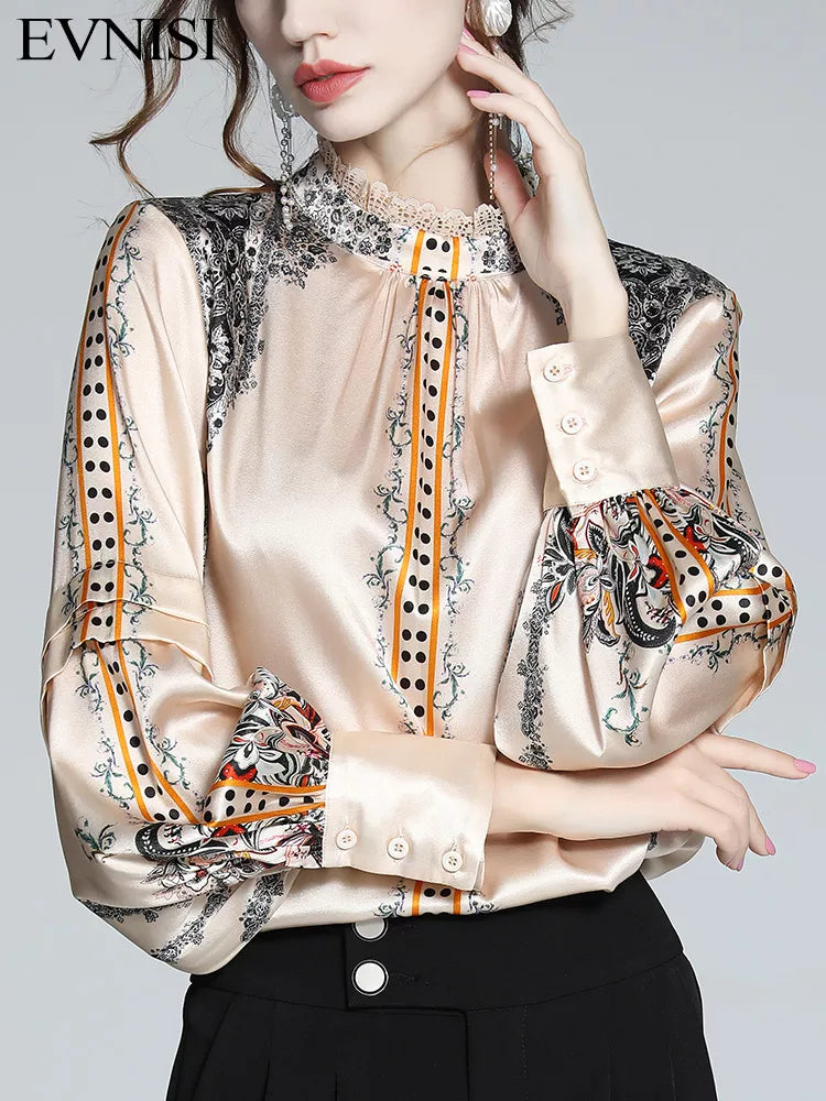 EVNISI French Printed Silk Satin Blouse - England Style