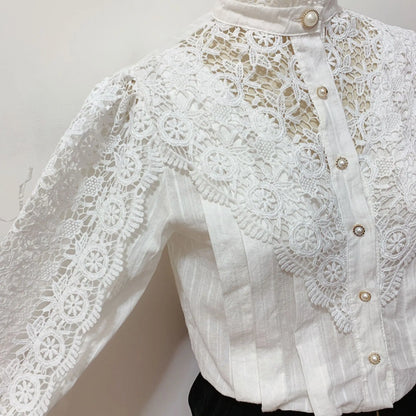 Owner Girl Stand Collar Lace Patchwork Shirts - Elegance Redefined