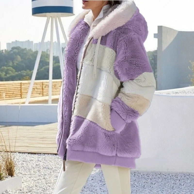 Lady Glams 2024 Autumn Winter Plush Hooded Jacket - Embrace Cozy Elegance