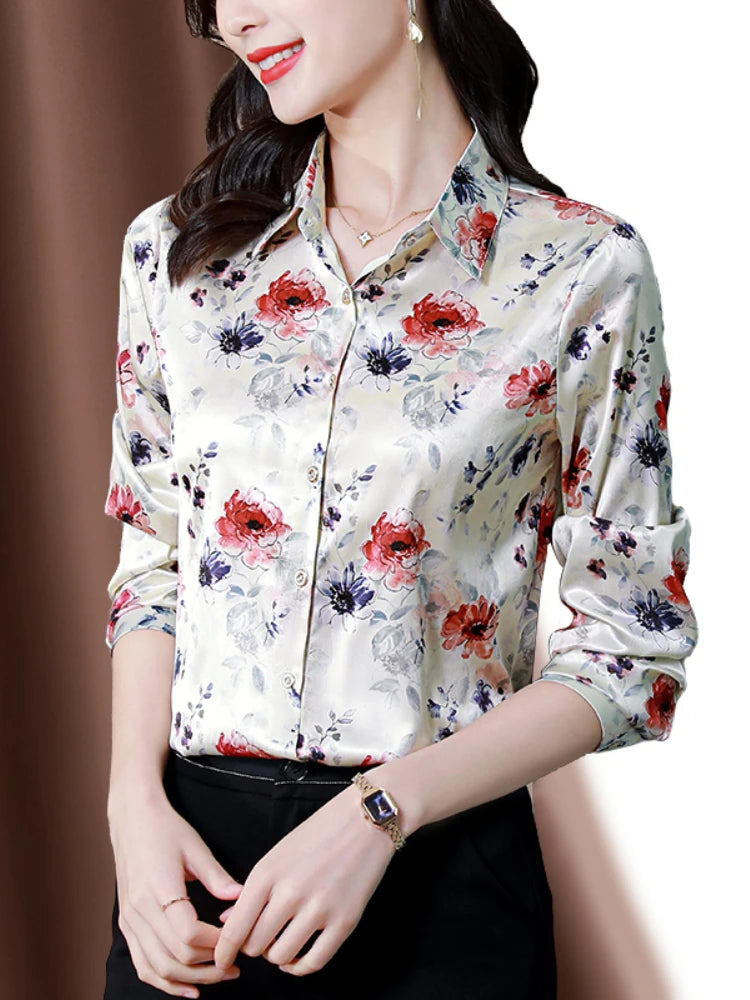 Lady Glams 2024 Autumn Elegance - Satin Long Sleeve Blouse with Vintage Floral Printing