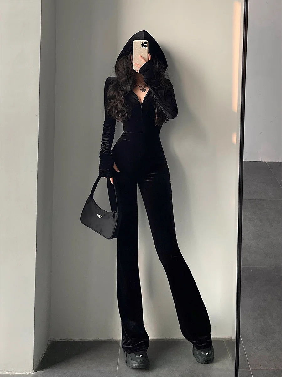 Lady Glams Fashion Black Velvet Slim Flare Pants Jumpsuit