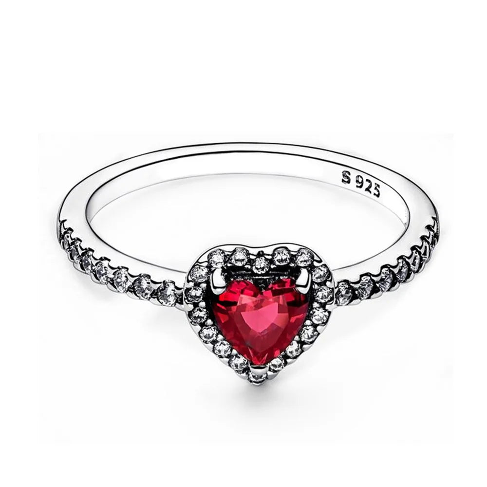 Lady Glams Elevated Roter Herzring - Silberfarben CZ Zirkonia Stern Mond Blume Hochzeitsschmuck Geschenk