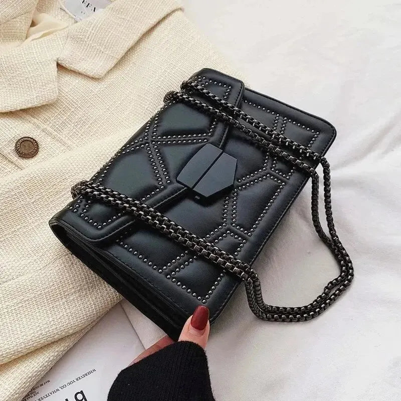 Lady Glams Vintage Rivet Chain Small Shoulder Bag - Women’s PU Leather Fashion Square Crossbody Designer Handbag