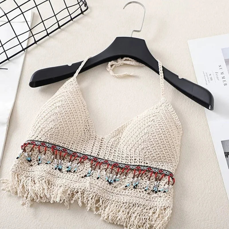 Sexy Boho Beach Holiday Camisole Halter Women Crochet Knit Swimsuit Bra Backless Vest Hollow Tassel Tank Top - Lady glams Summer Beachwear