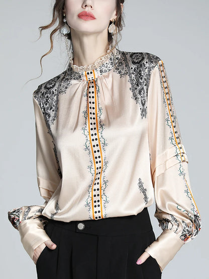 EVNISI French Printed Silk Satin Blouse - England Style