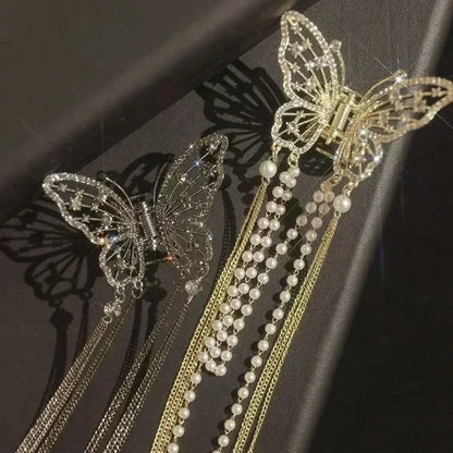 Lady Glams Crystal Butterfly Pearl Tassel Hair Clip: A Touch of Elegance