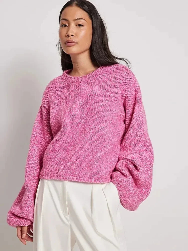 Lady Glams - Women’s Solid Knit O-neck Sweater: Stylish Blend of Comfort and High Street Fashion