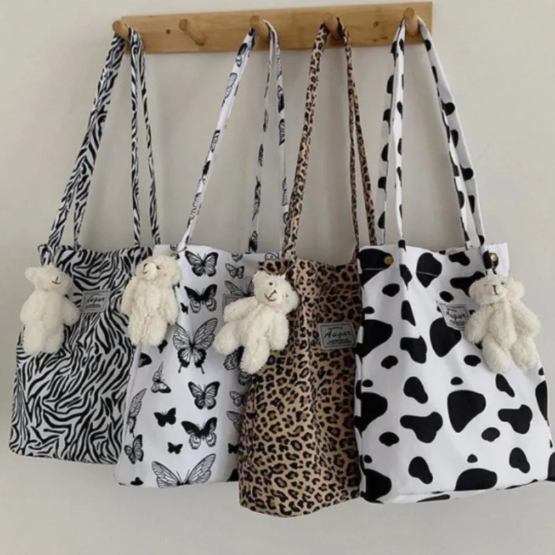 Lady Glams Big Casual Leopard Print Canvas Tote Bag