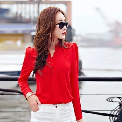 Lady Glams Long Sleeve Chiffon Blouse - Elevate Your Office Look with Elegance