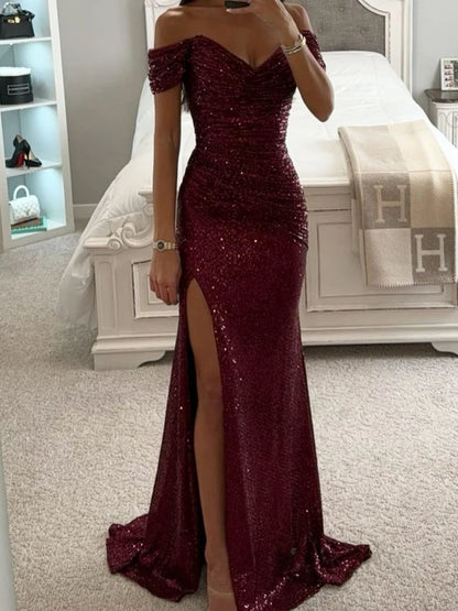 Wensilian Pailletten-Maxikleid mit schulterfreiem Schnitt: Eleganter Abend-Glamour 