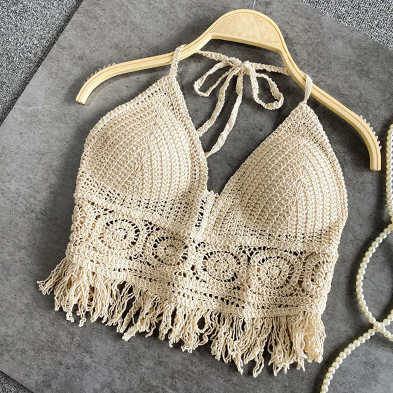 Sexy Boho Beach Holiday Camisole Halter Women Crochet Knit Swimsuit Bra Backless Vest Hollow Tassel Tank Top - Lady glams Summer Beachwear