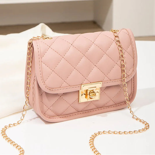 Lady Glams 2024 New Fashion Female Shoulder Bag - Rhombus Embroidered Solid Color Chain Crossbody Phone Bag