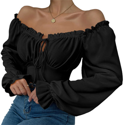 Goocheer Women’s Ruffled Drawstring Blouse - Casual Broadcloth Polyester Top