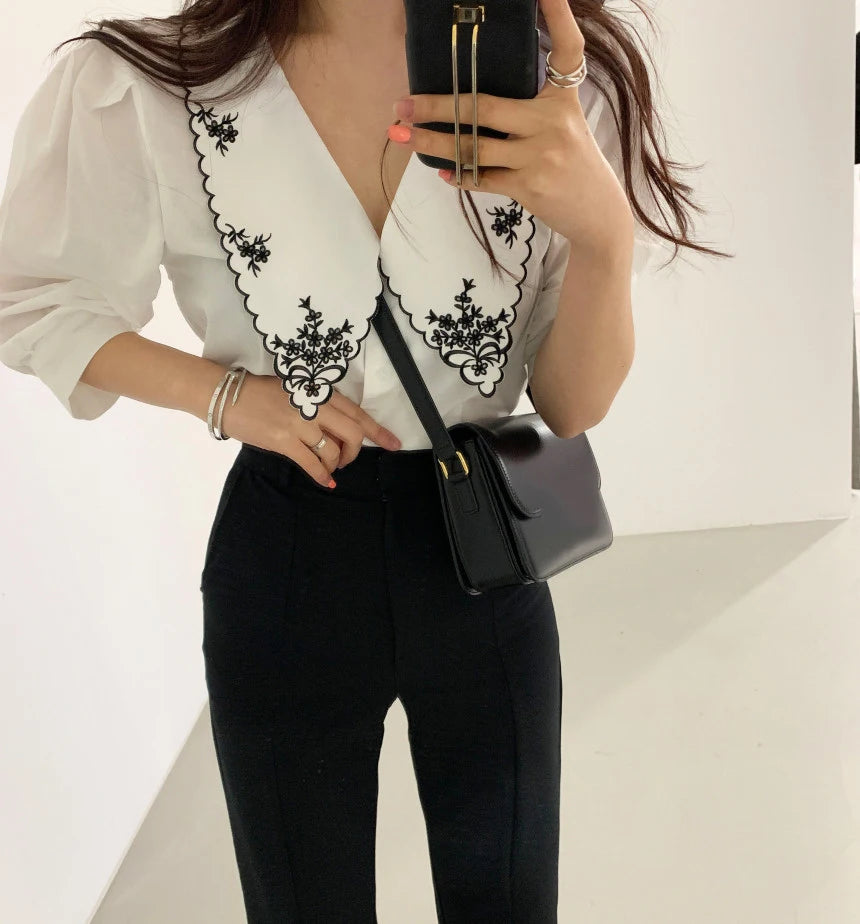 Lady Glams Elegant Embroidery Lace Women's Blouse - A Touch of Feminine Sophistication