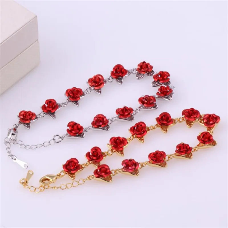 Lady Glams Romantic Adjustable Red Rose Link Chain Bracelet - Fashion Valentine Gift for Women