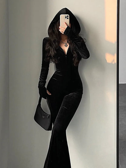 Lady Glams Fashion Black Velvet Slim Flare Pants Jumpsuit