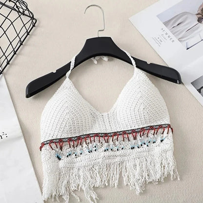 Sexy Boho Strandurlaub Camisole Neckholder Damen Häkelstrick Badeanzug BH Rückenfreie Weste Hohl Quaste Tank Top - Lady Glamour Sommer Strandmode