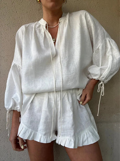 White Linen Ruffles Shorts Set for Women - Fashionable Casual V-Neck Puff Sleeve Shirt Suit 2024 Summer New Female Vacation Outfits