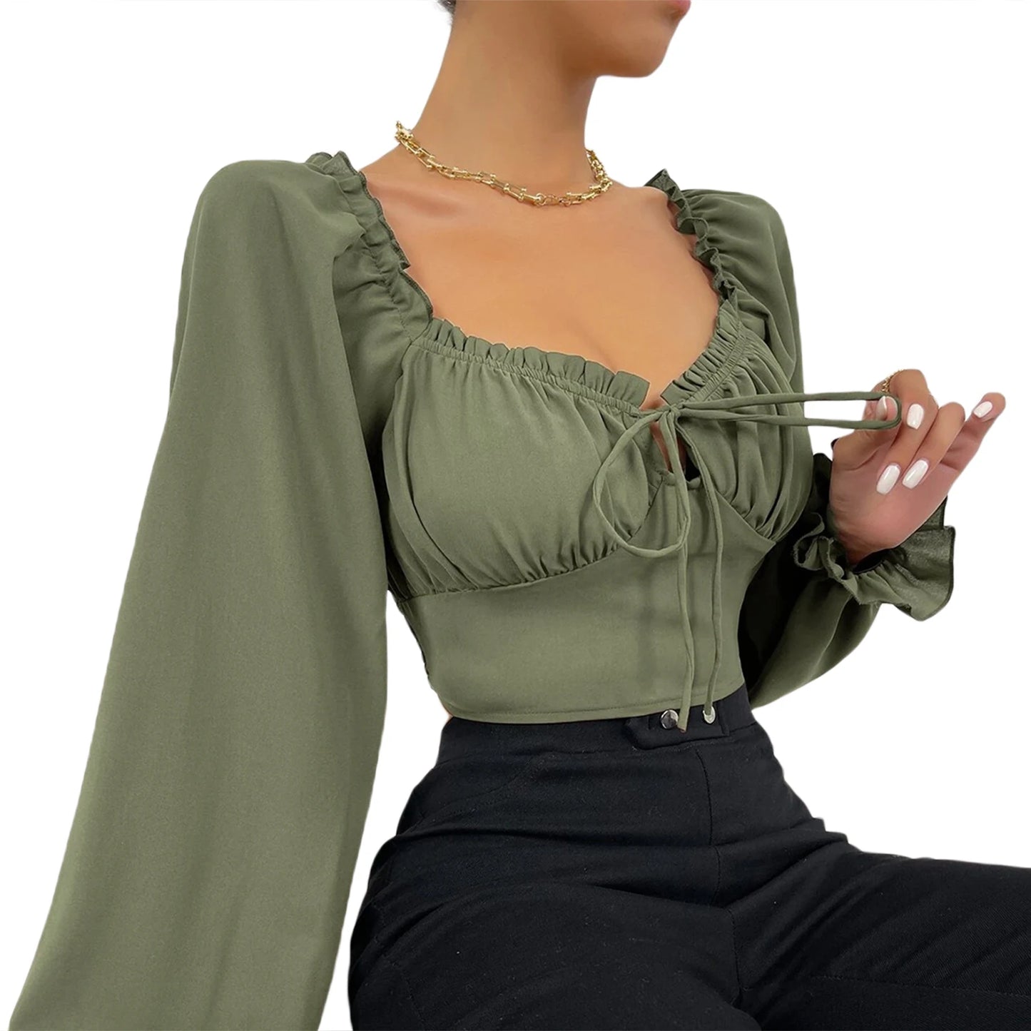 Goocheer Women’s Ruffled Drawstring Blouse - Casual Broadcloth Polyester Top