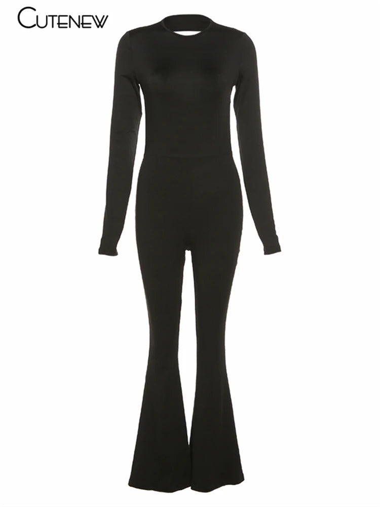 Cutenew, einfarbig, schwarz, sexy, rückenfrei, figurbetonter Jumpsuit mit weitem Bein: Ein Streetwear-Statement