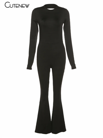 Cutenew Solid Black Sexy Backless Bodycon Wide Leg Jumpsuit: A Streetwear Statement