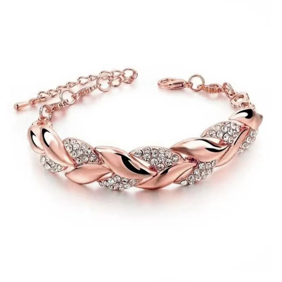 Lady Glams Luxury Love Braided Leaf Bracelet - Aesthetic Crystal Wedding Jewelry for Women