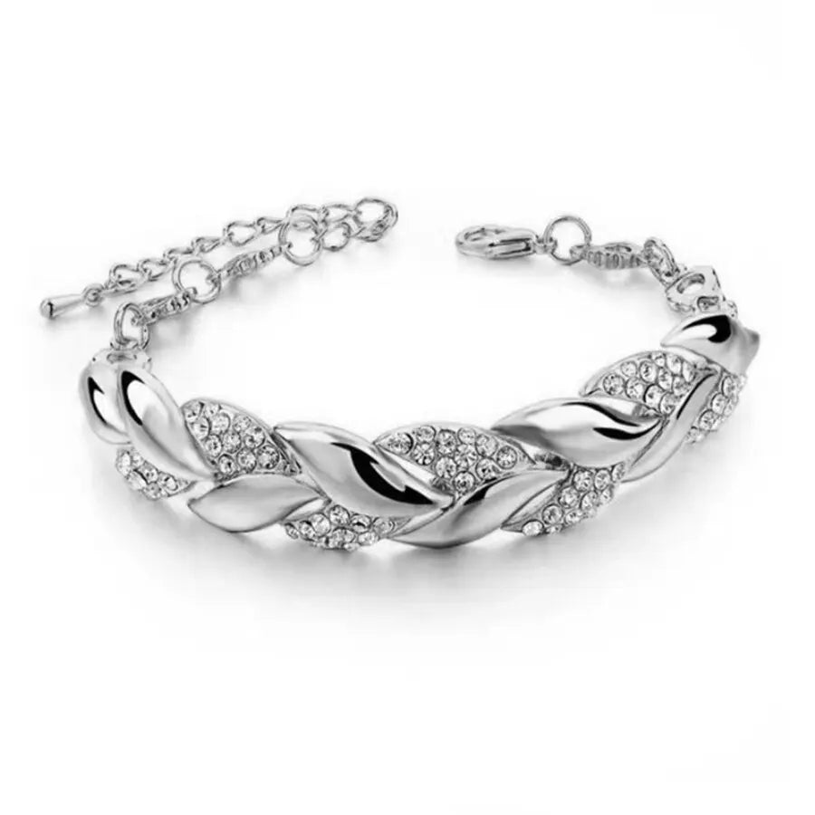 Lady Glams Luxury Love Braided Leaf Bracelet - Aesthetic Crystal Wedding Jewelry for Women