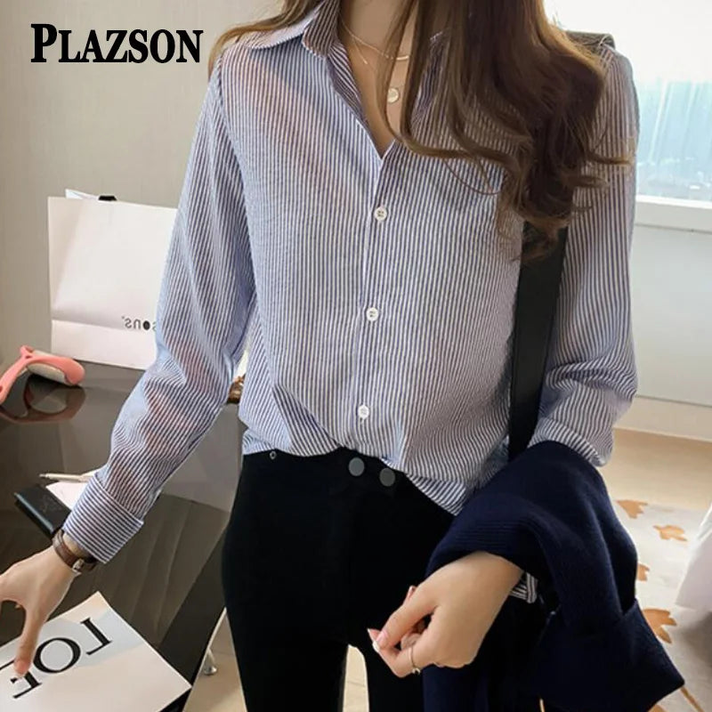 PLAZSON Classic Striped Camisas Blouse - Elevate Your Spring and Autumn Style with Polo-Neck Elegance