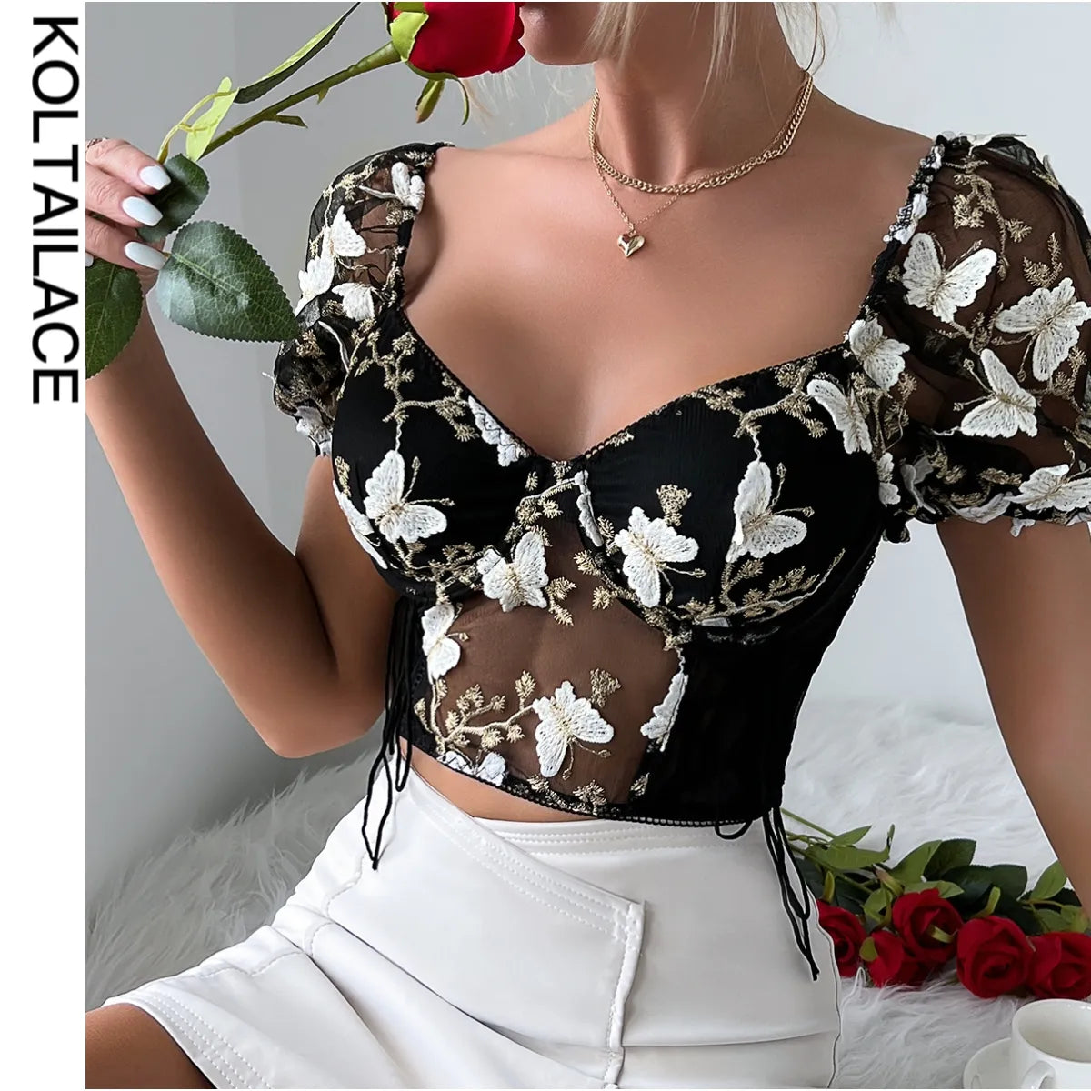 Koltailace - American Retro Embroidered Lace Top Corset for Women: Sexy Backless Butterfly Elegance