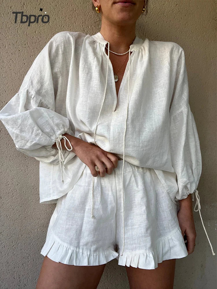 White Linen Ruffles Shorts Set for Women - Fashionable Casual V-Neck Puff Sleeve Shirt Suit 2024 Summer New Female Vacation Outfits