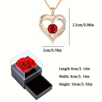 Lady Glams Luxury Red Zircon Heart Pendant Necklace with Rose Flower Gift Box