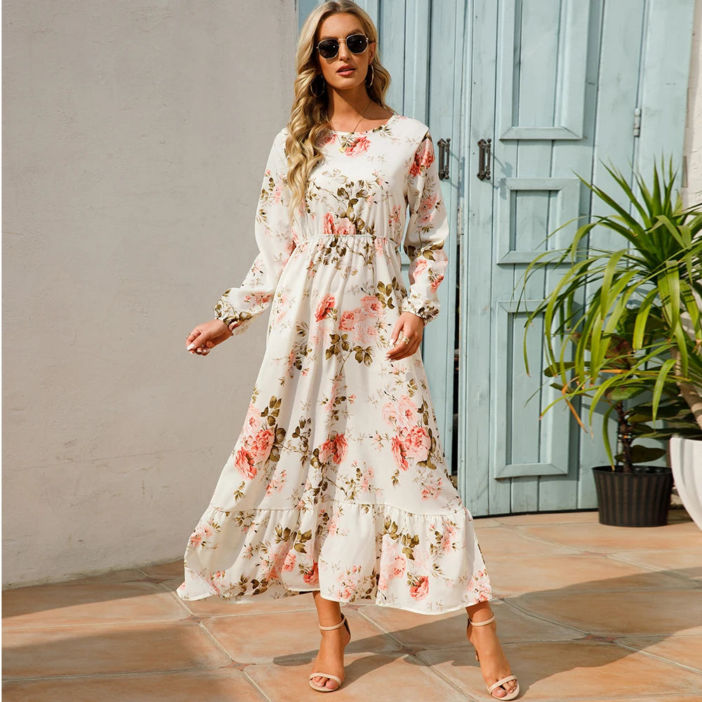 XIBUSANA 2024 Spring Summer Bohemian Women Maxi Dress - Casual Long Sleeve High Waist Beach Chiffon Floral Dress